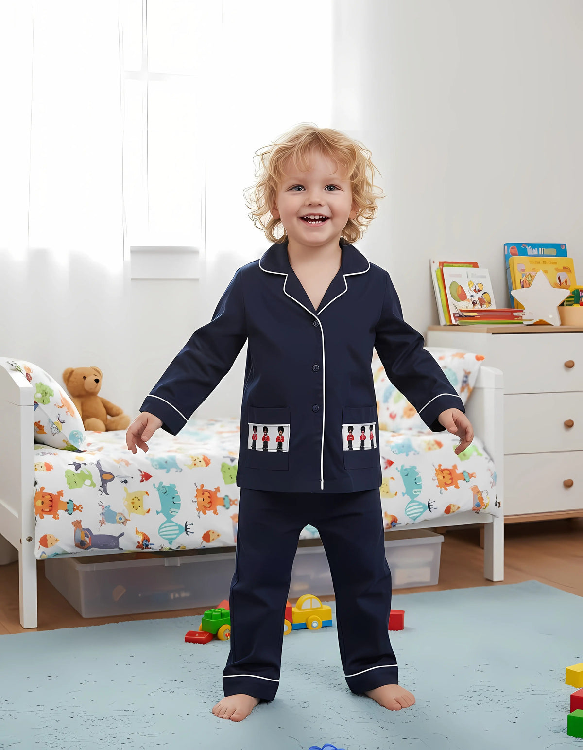 Boys Navy Pyjama Trouser Set With Soldier Embroidery BEAU KiD