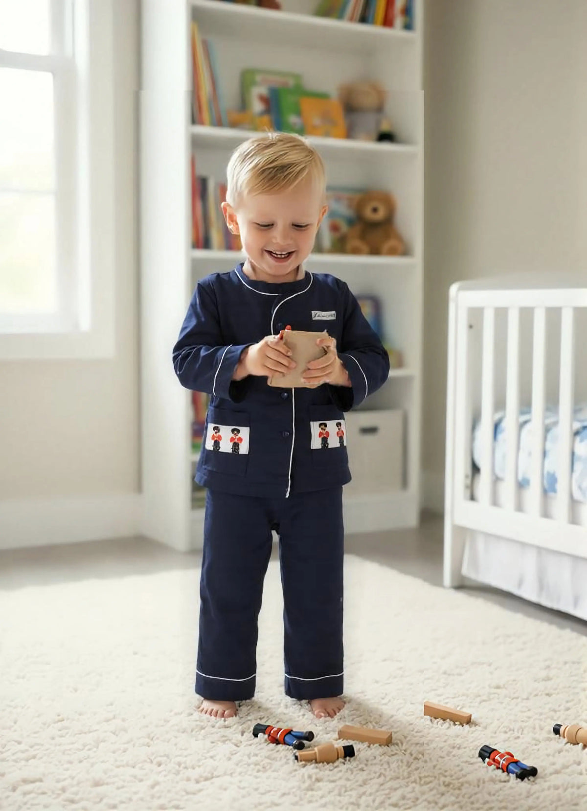 Boys Navy Pyjama Trouser Set With Soldier Embroidery BEAU KiD