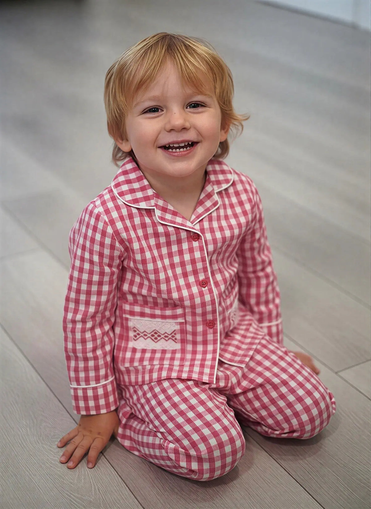 Boys Red Check Pyjama Trouser Set With Smocked Pockets BEAU KiD