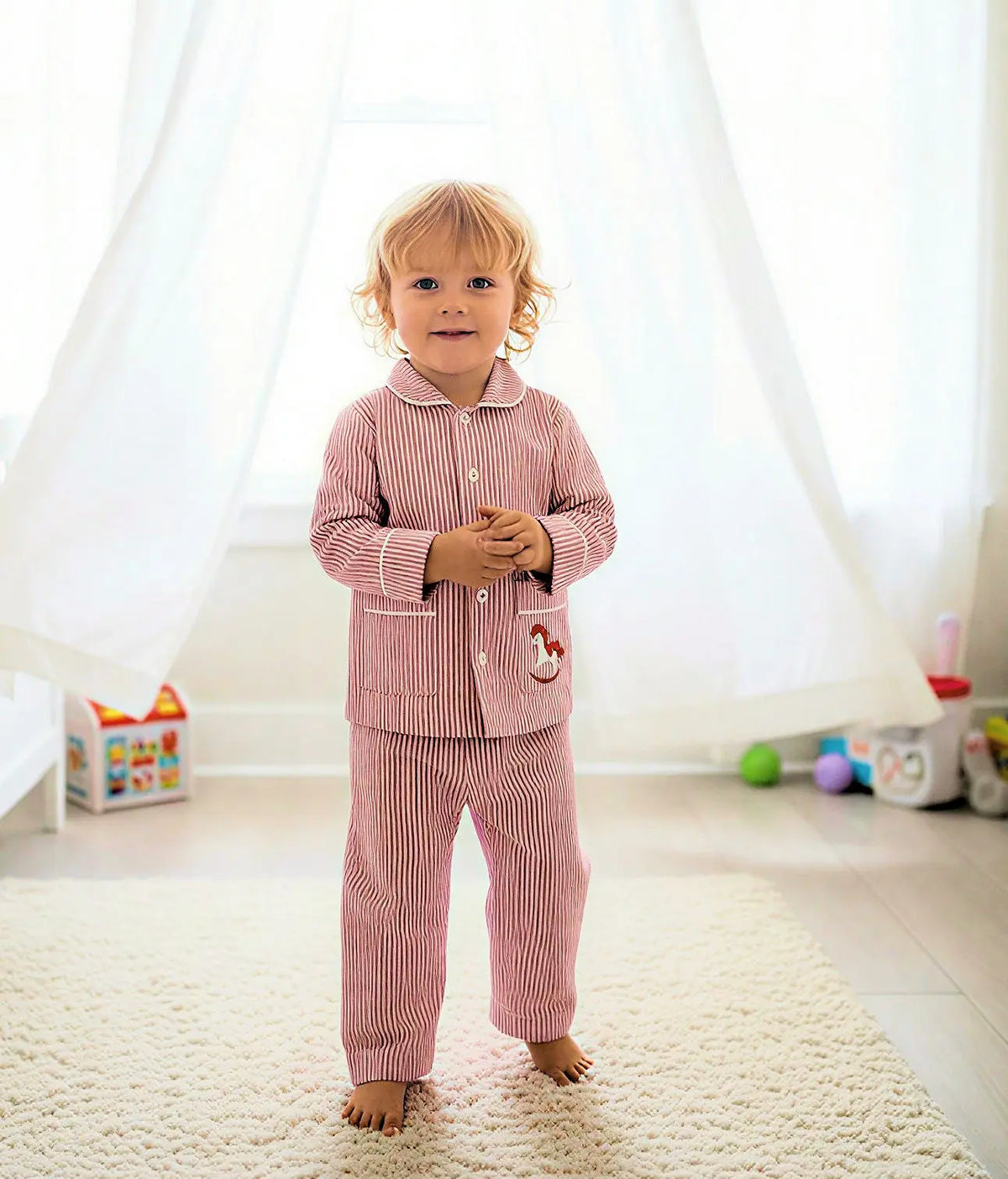 Boys Red Stripe Pyjama Trouser Set With Horse Aplique On Pocket BEAU KiD