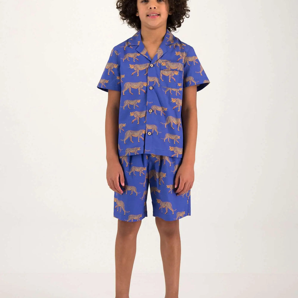 Boys Short Pyjamas - Blue Cheetahs Woodstock Laundry