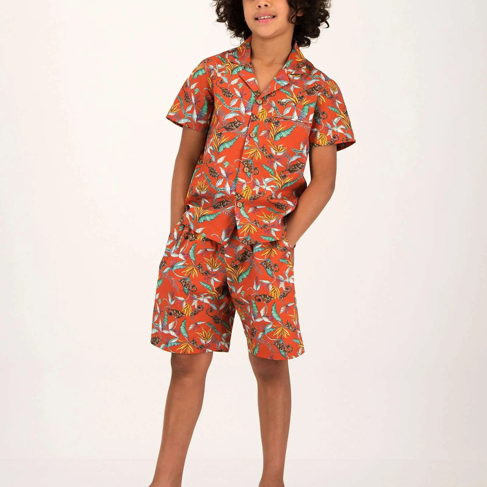 Boys Short Pyjamas - Night Monkeys Orange Woodstock Laundry