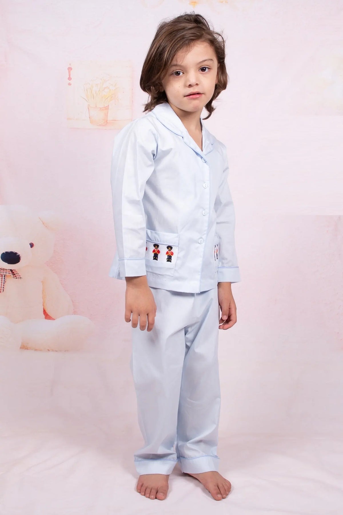 Boys Sky Blue Pyjama Trouser Set With Soldier Embroidery BEAU KiD