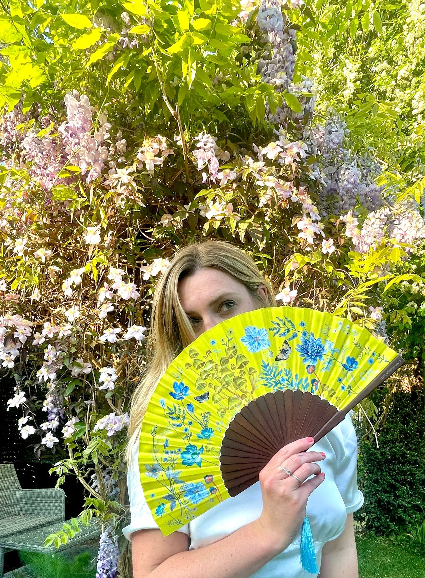 Bright yellow  'Luciferin' silk folding hand fan with flowers and mushroom painted artwork Alice Acreman Silks
