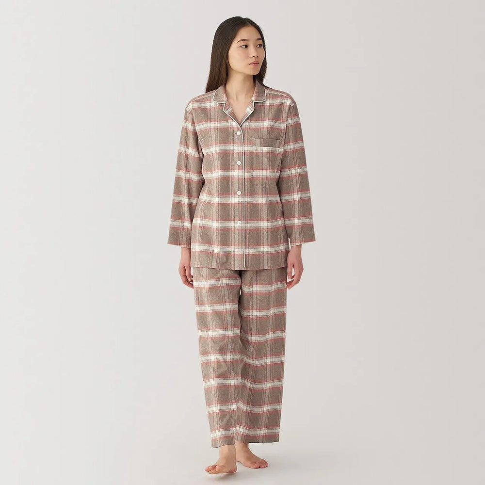 Brown Check Women's Side Seamless Flannel Pyjamas MUJI UK