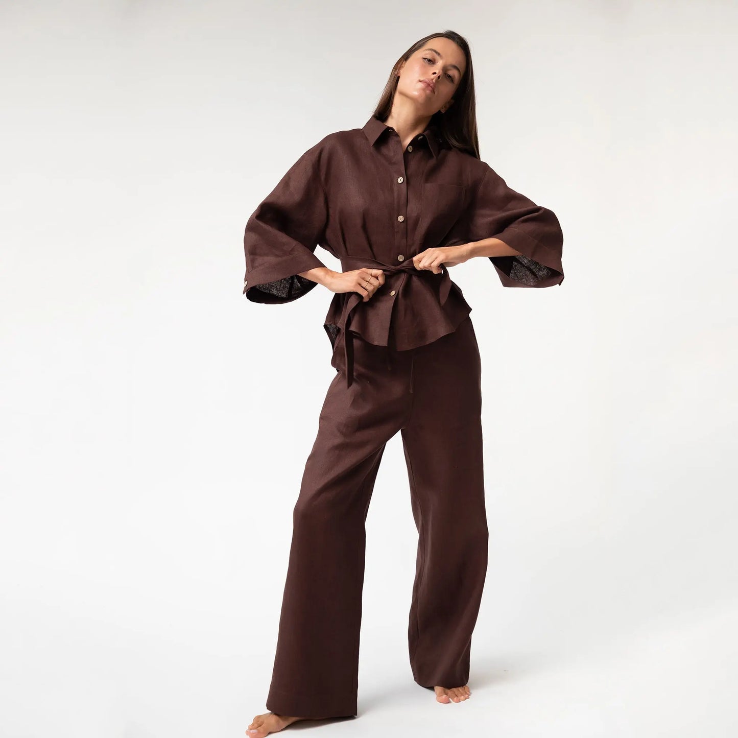 Brown Heavy Linen Wide-leg Pants Perfect Days NOKAYA