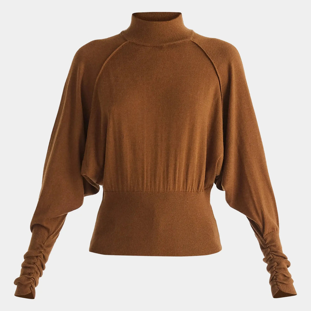 Brown Mock Neck Batwing Jumper With Ruched Cuffs Paisie