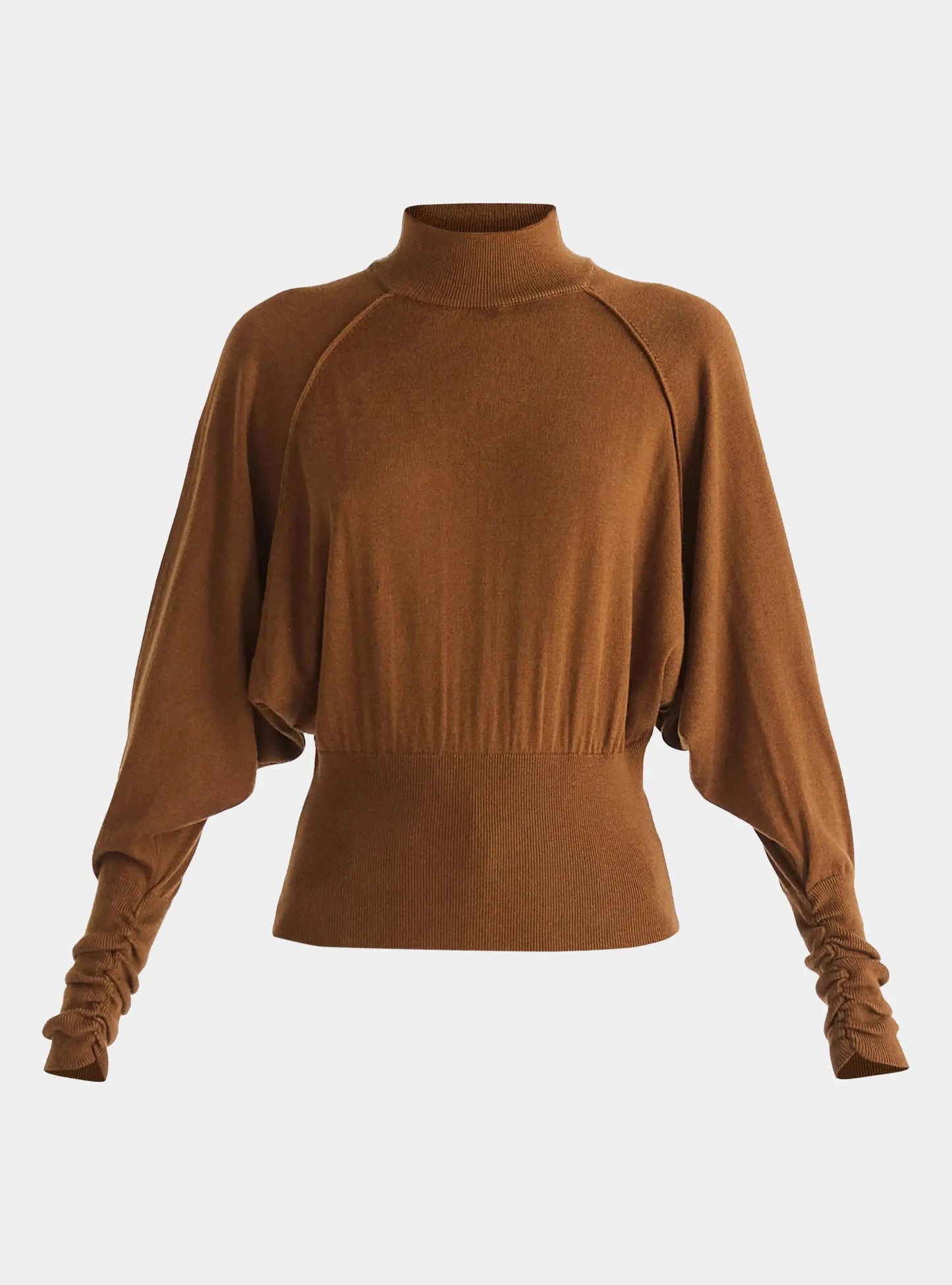Brown Mock Neck Batwing Jumper With Ruched Cuffs Paisie