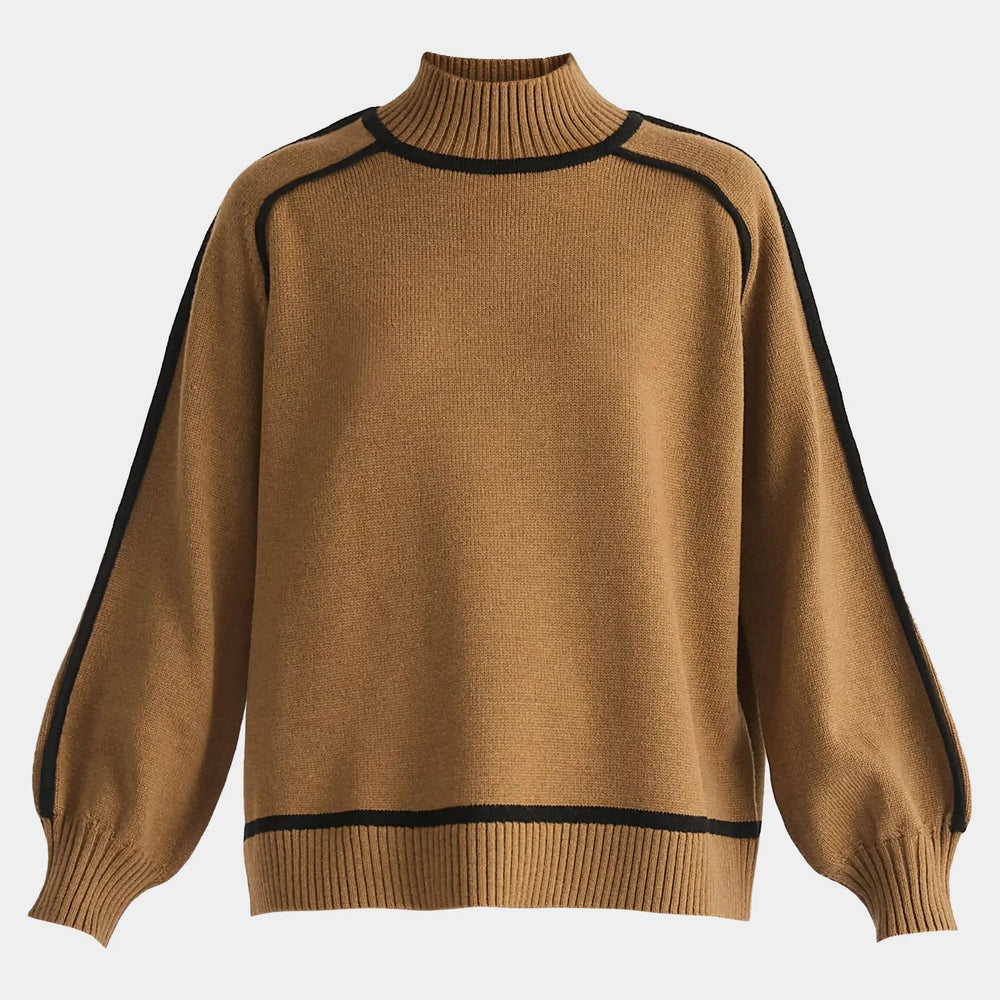 Brown and Black Contrast Stripe Piping Mock Neck Jumper Paisie