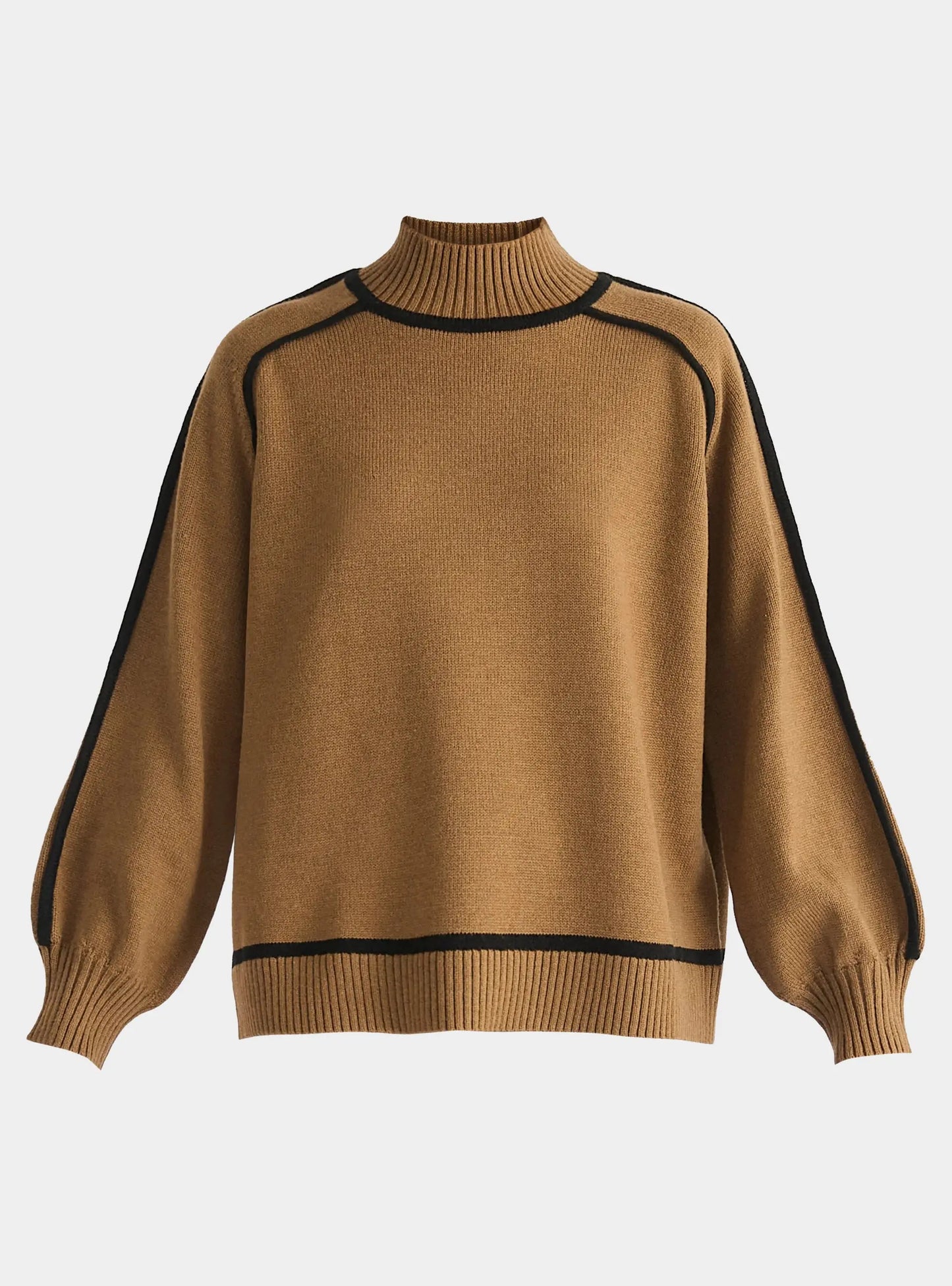 Brown and Black Contrast Stripe Piping Mock Neck Jumper Paisie