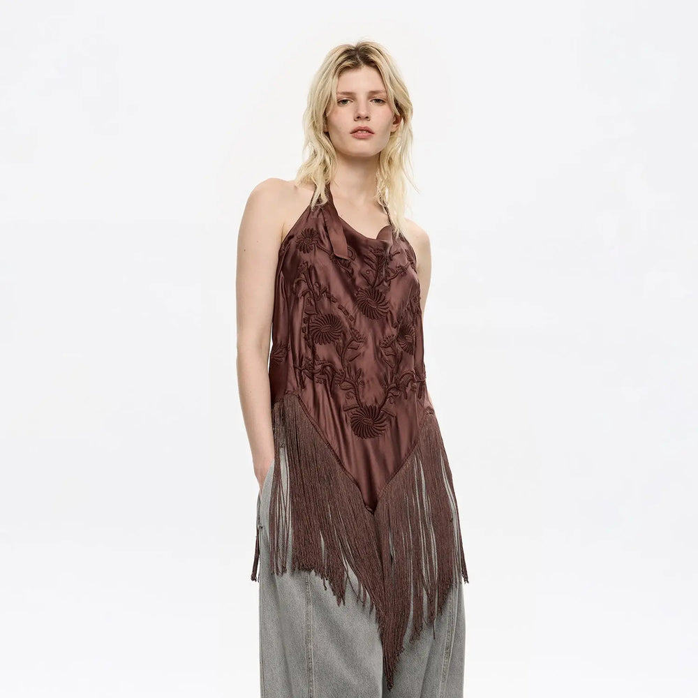 Brown embroidered fringed halter top Bimba y Lola UK