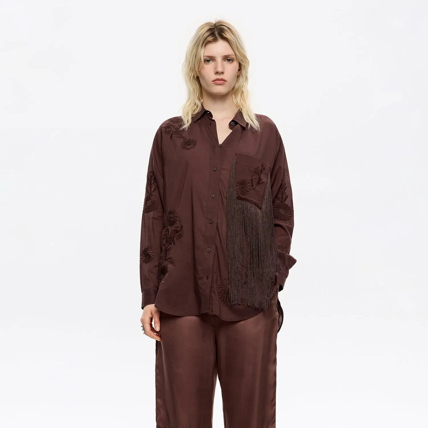 Brown embroidered fringed shirt Bimba y Lola UK