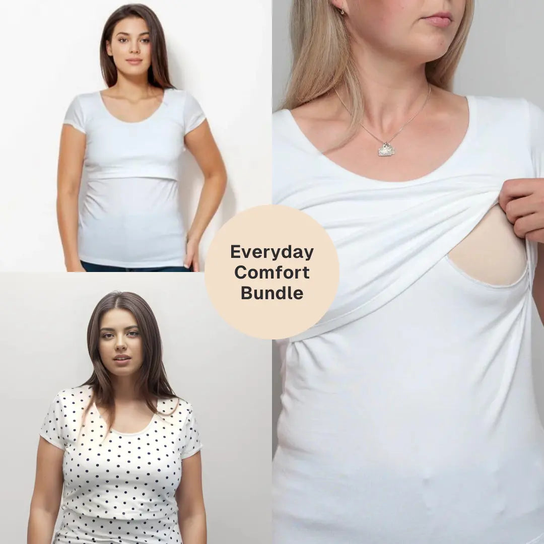 Bshirt Nursing short sleeve t-shirt Twin Pack- White & Cream/Black Spots Bshirt