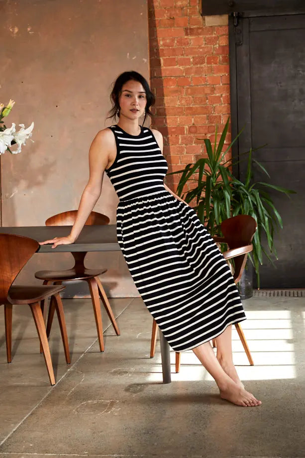 Bshirt Women's Racer Back Gathered Dress in Black and White Stripes Bshirt
