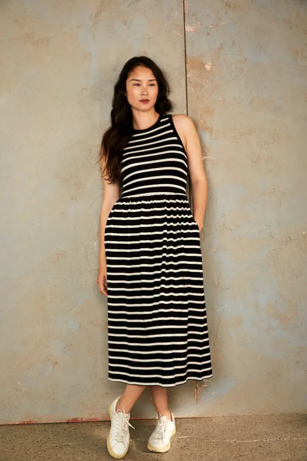 Bshirt Women's Racer Back Gathered Dress in Black and White Stripes Bshirt