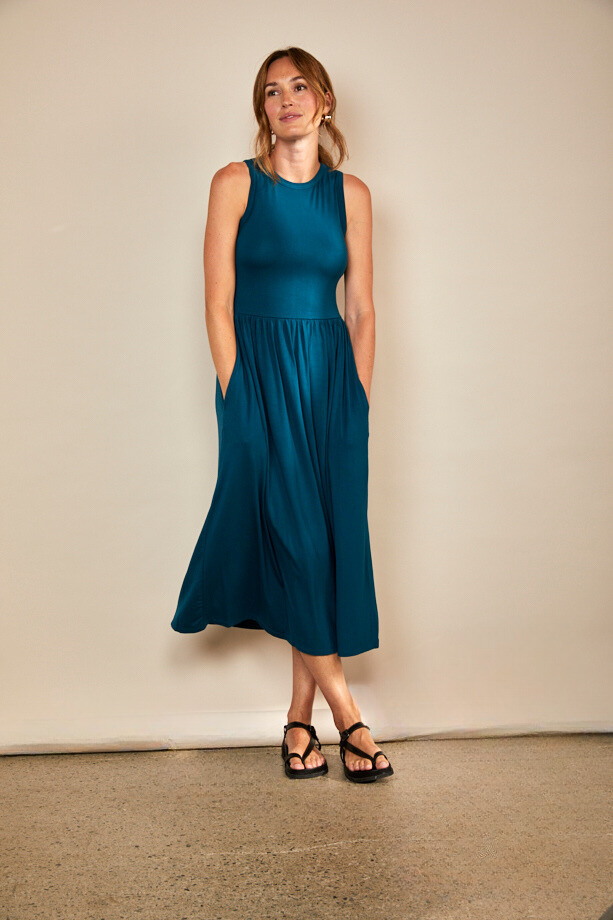 Bshirt Women's Racer Back Gathered Dress in Teal Bshirt