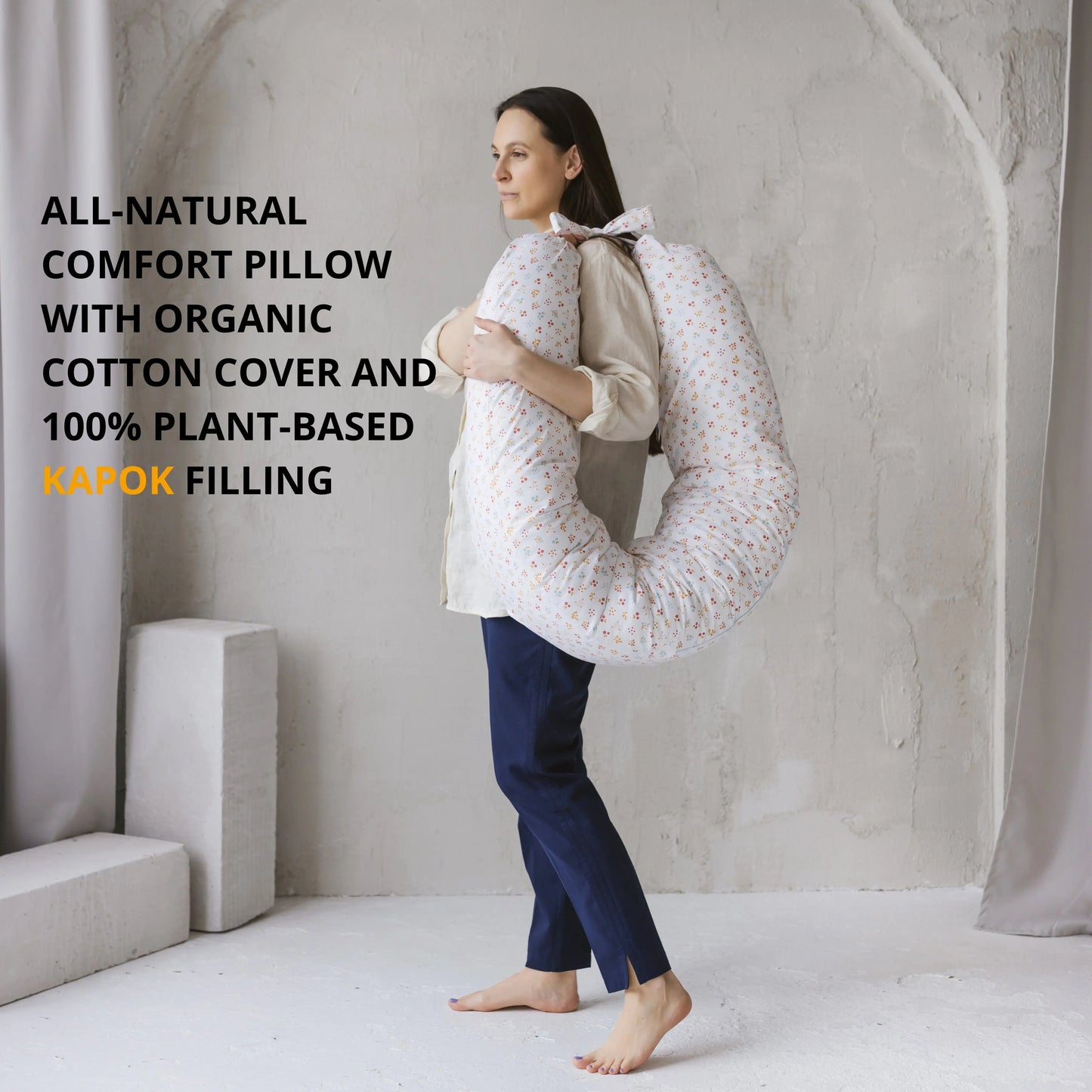 C-Shape Nursing & Maternity Pillow with Organic Milk White Cover | Natural Kapok or PES Filling MINICAMP