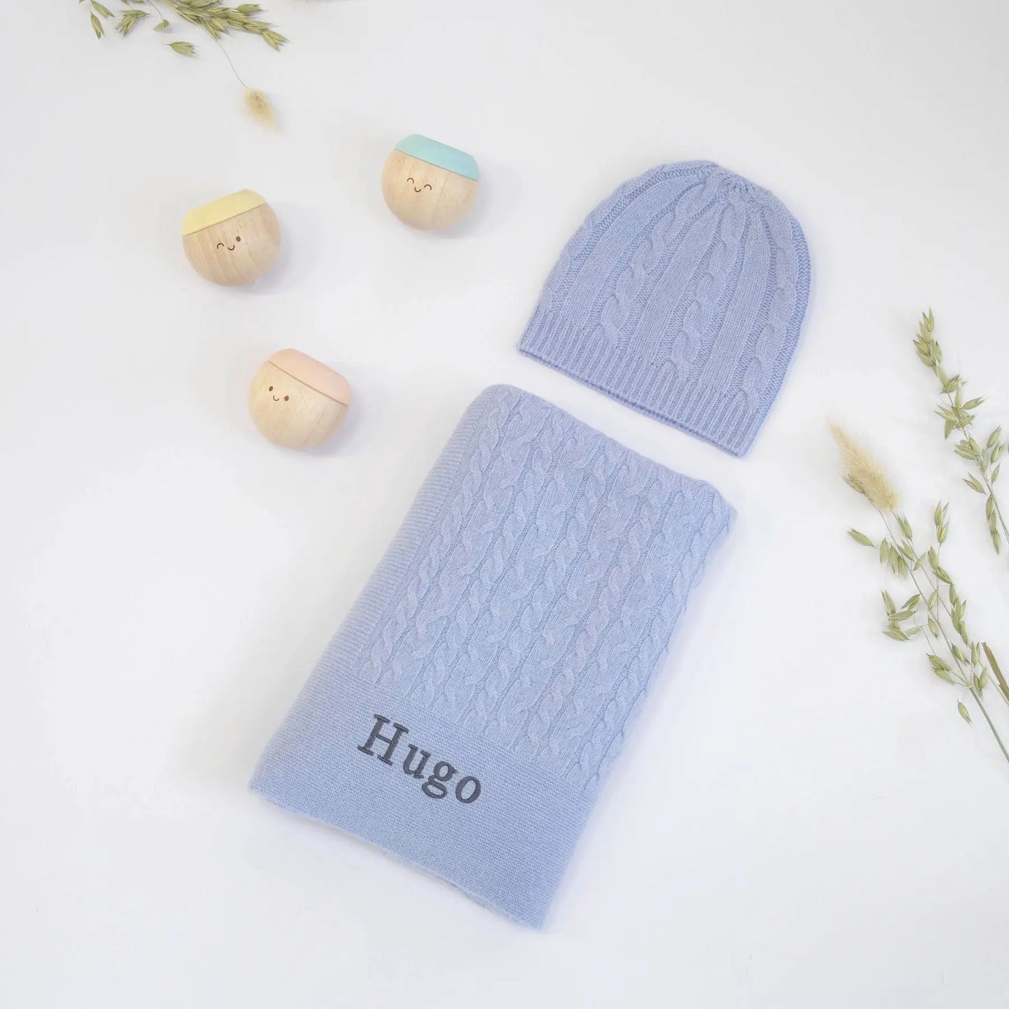 CABLE KNIT CASHMERE AND SENSORY BALLS - CORNFLOWER BLUE The Baby Gifting Company