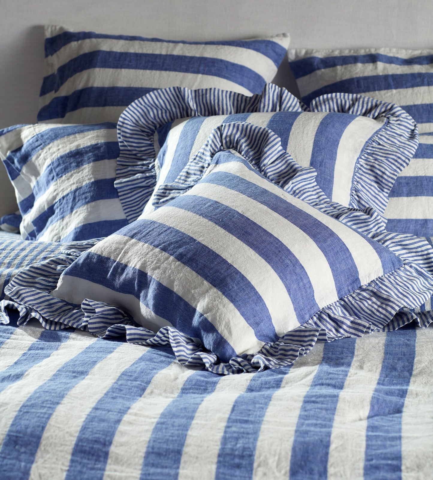 Cobalt Cora Wide Stripe 100% Linen Frill Edge Cushion Cover The Secret Linen Store