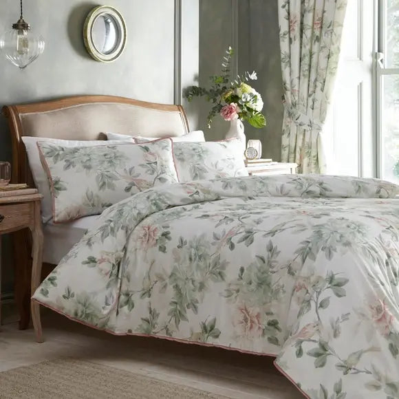 Campion Green and Coral Cotton Sateen Duvet Cover and Pillowcase Set Dunelm