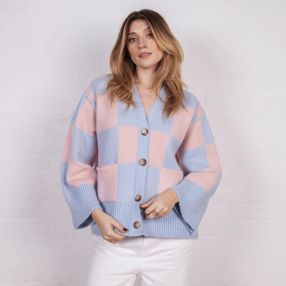 Candice Checked Wide Sleeve Cardigan - Pink & Blue Cara & The Sky