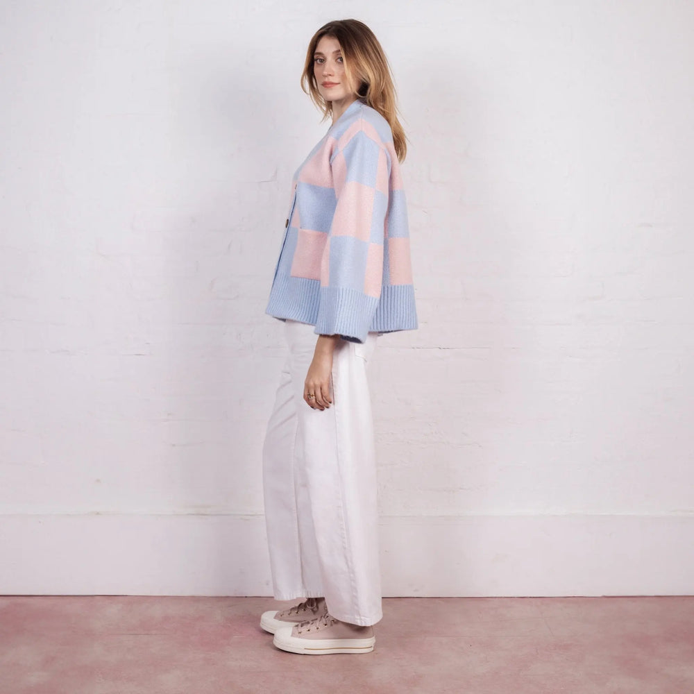 Candice Checked Wide Sleeve Cardigan - Pink & Blue Cara & The Sky