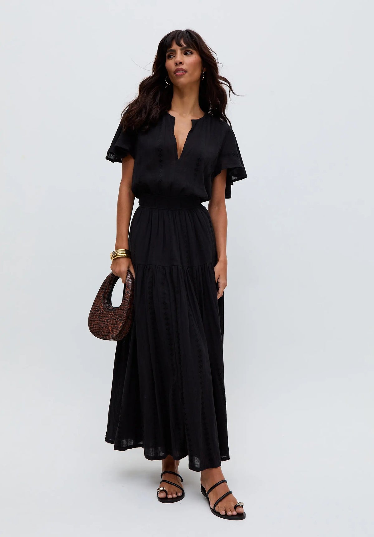 Candice Flutter Sleeve Jacquard Maxi Dress In Black Raffya