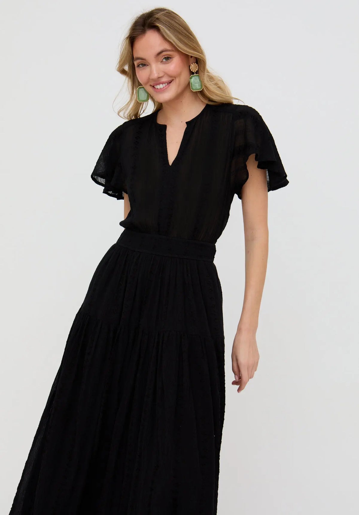 Candice Flutter Sleeve Jacquard Maxi Dress In Black Raffya
