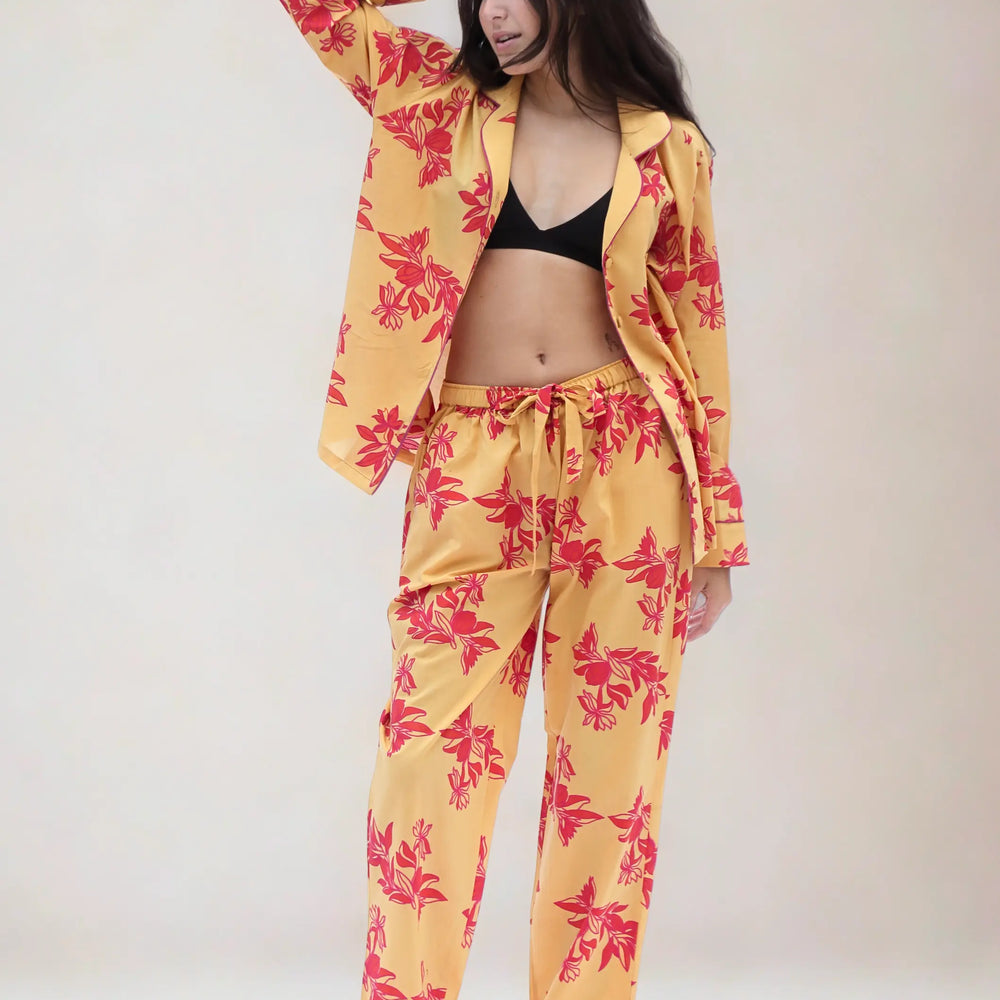 Cartagena Long Sleeve Organic Cotton Pyjama Set – Yellow and Pink Print AMOKA DALO