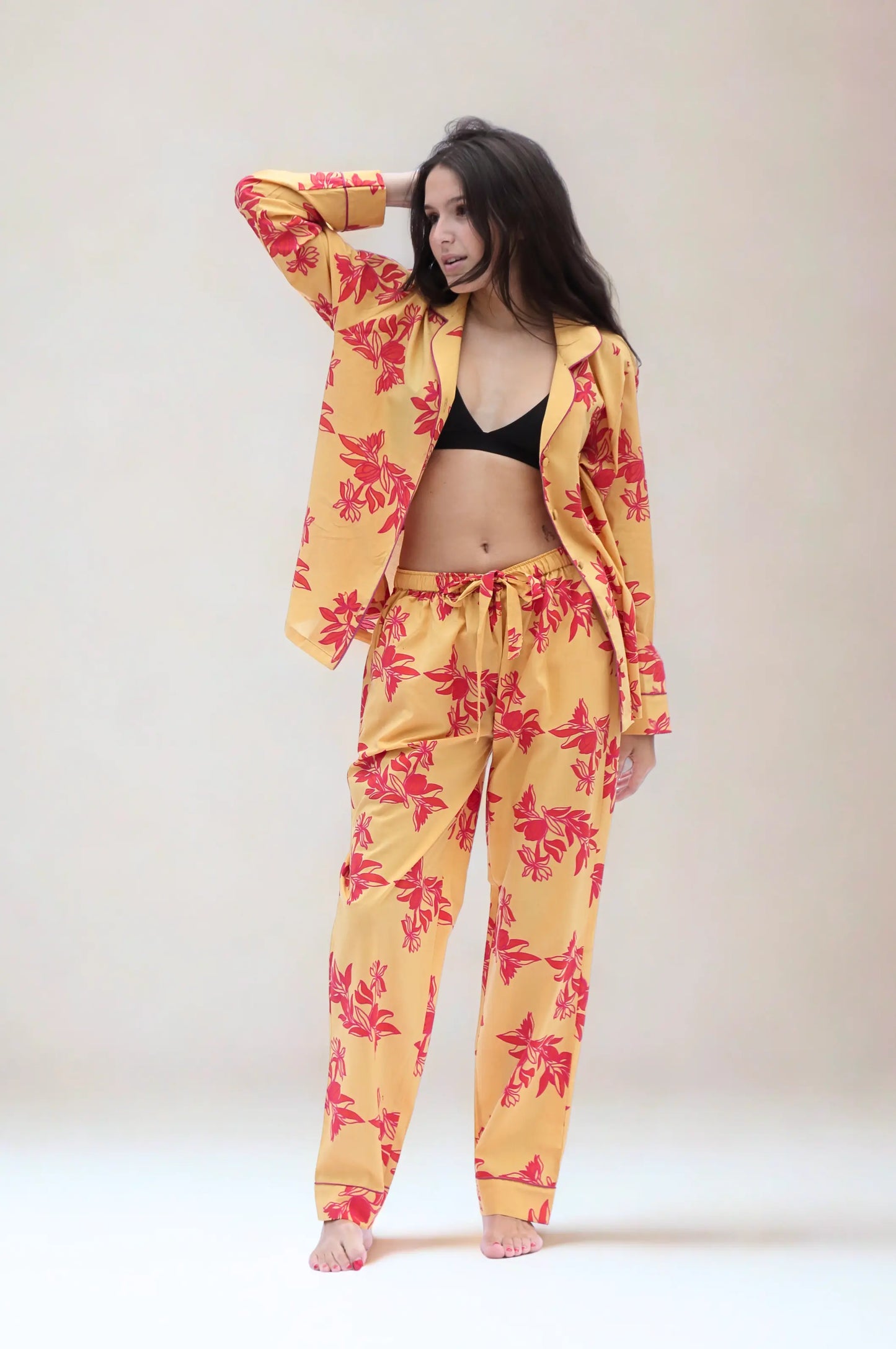 Cartagena Long Sleeve Organic Cotton Pyjama Set – Yellow and Pink Print AMOKA DALO