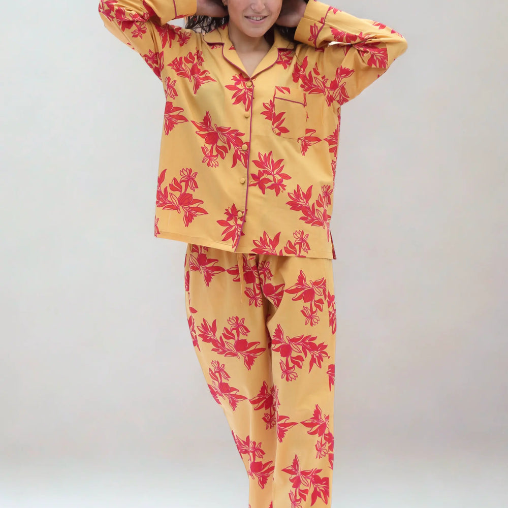 Cartagena Long Sleeve Organic Cotton Pyjama Set – Yellow and Pink Print AMOKA DALO