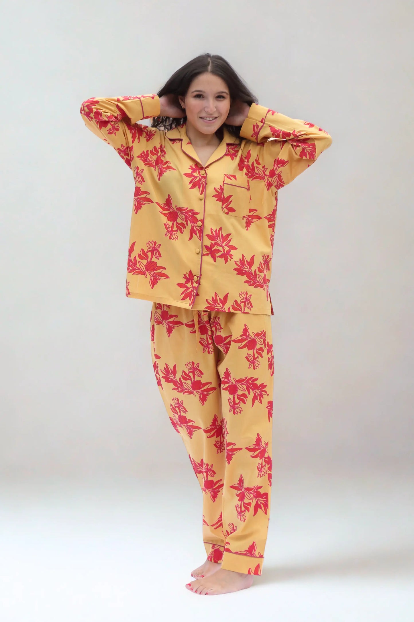 Cartagena Long Sleeve Organic Cotton Pyjama Set – Yellow and Pink Print AMOKA DALO