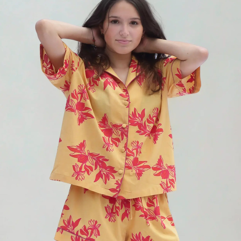 Cartagena Short Sleeve Pyjama Set – Organic Cotton, Yellow & Pink Print AMOKA DALO