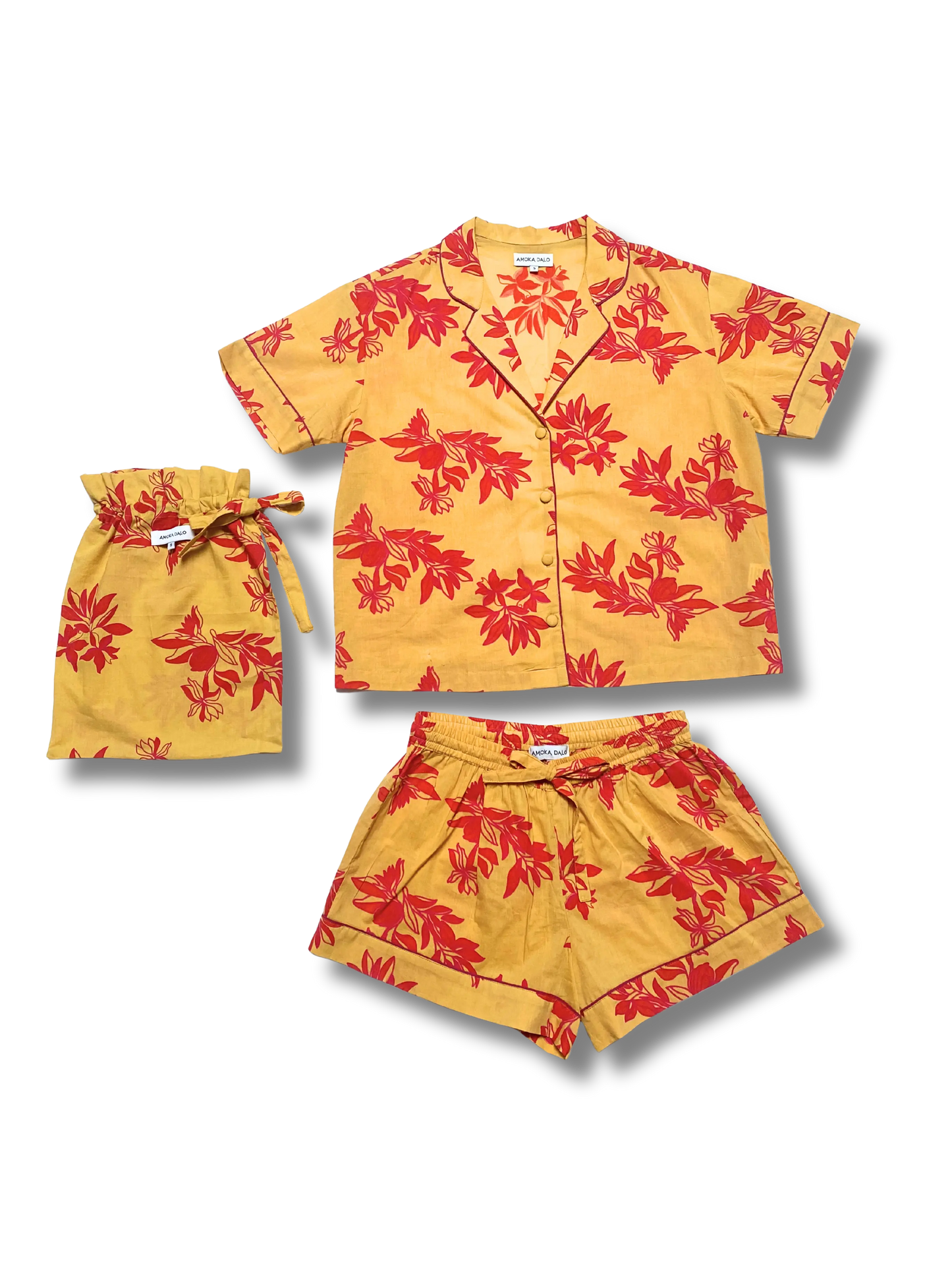 Cartagena Short Sleeve Pyjama Set – Organic Cotton, Yellow & Pink Print AMOKA DALO
