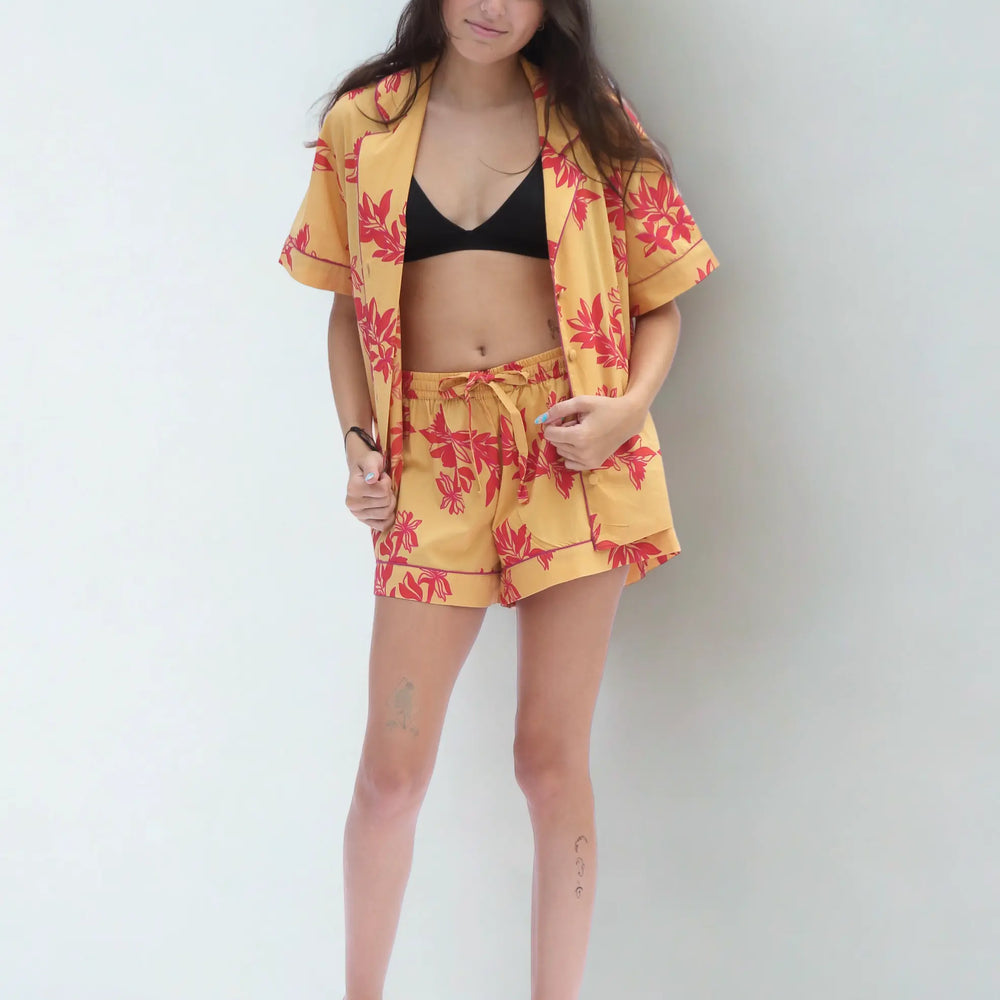 Cartagena Short Sleeve Pyjama Set – Organic Cotton, Yellow & Pink Print AMOKA DALO