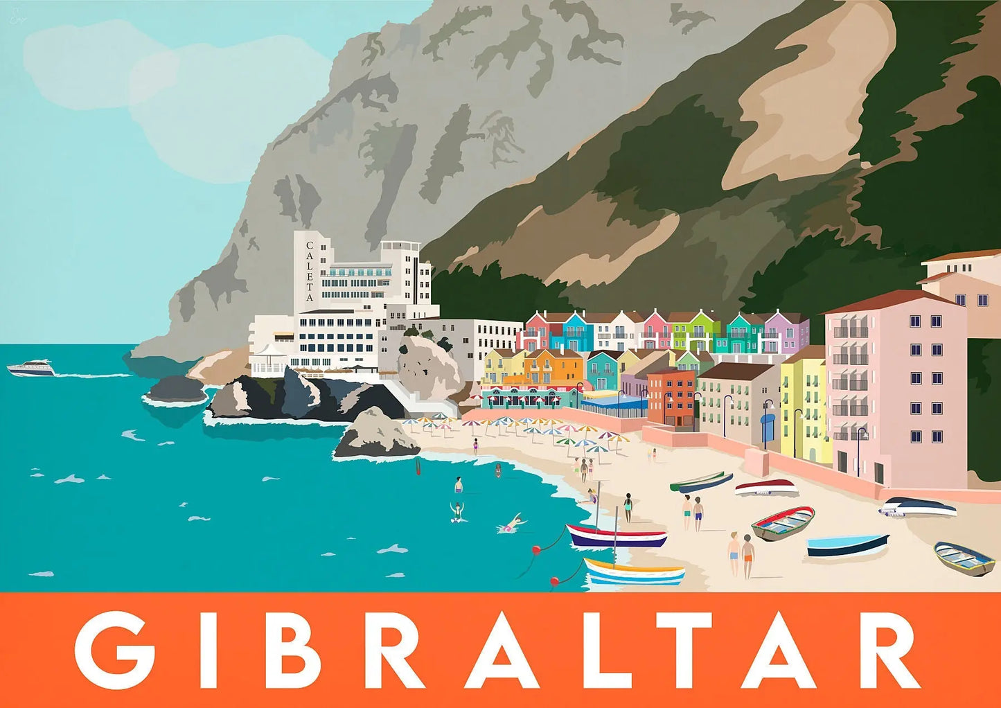 Catalan Bay - Gibraltar Orange Travel art by SAX Doodle