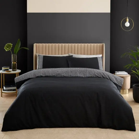 Catherine Lansfield Artemis Greek Key Black Duvet Cover and Pillowcase Set Dunelm