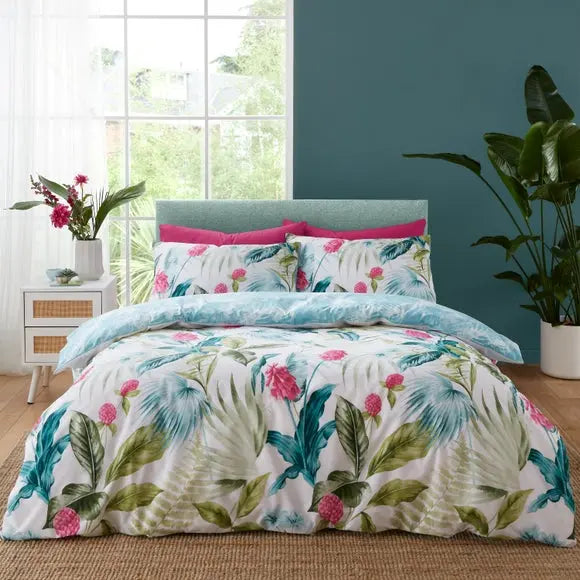 Catherine Lansfield Aruba Tropical Floral Green Duvet Cover and Pillowcase Set Dunelm