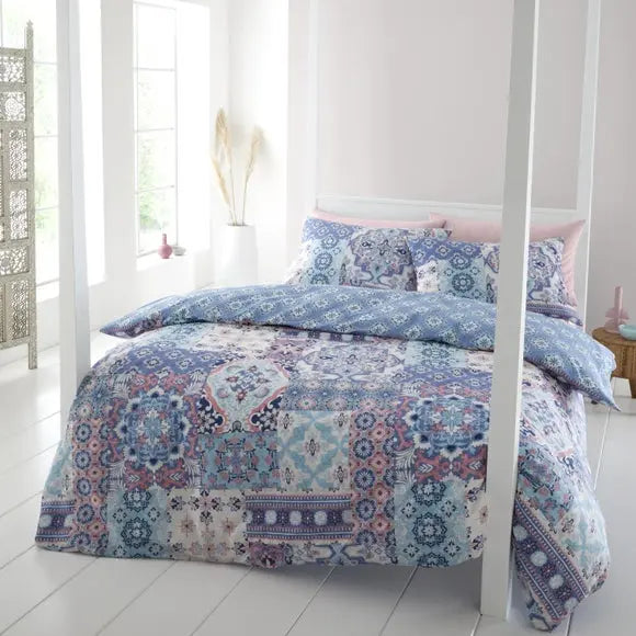 Catherine Lansfield Boho Patchwork Reversible Blue Duvet Cover & Pillowcase Set Dunelm