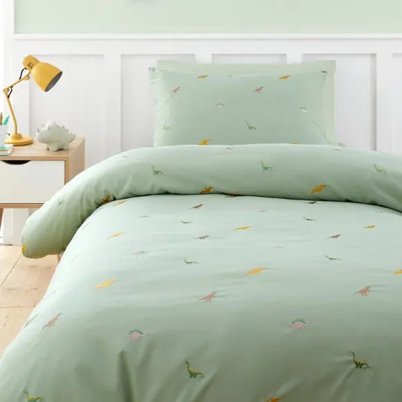 Catherine Lansfield Embroidered Dino Green Microfibre Duvet Cover and Pillowcase Set Dunelm