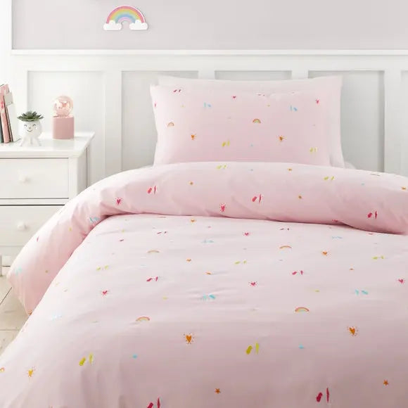 Catherine Lansfield Embroidered Unicorn Pink Microfibre Duvet Cover and Pillowcase Set Dunelm