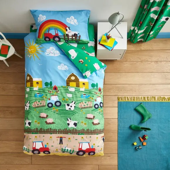 Catherine Lansfield Farmyard Animals Blue Reversible Duvet Cover and Pillowcase Set Dunelm