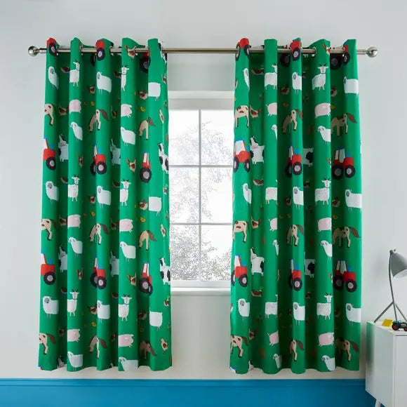 Catherine Lansfield Farmyard Animals Green Eyelet Curtains Dunelm