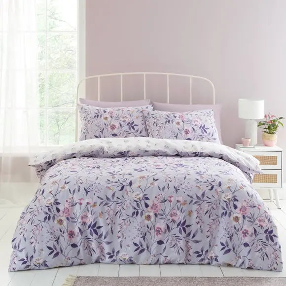 Catherine Lansfield Isadora Floral Lilac Duvet Cover and Pillowcase Set Dunelm