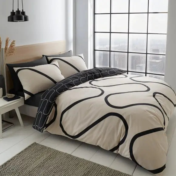 Catherine Lansfield Linear Curve Geometric Black Reversible Duvet Cover & Pillowcase Set Dunelm