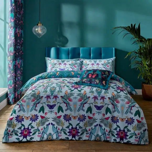 Catherine Lansfield Mya Tropical Floral Duck Egg Blue Duvet Cover and Pillowcase Set Dunelm