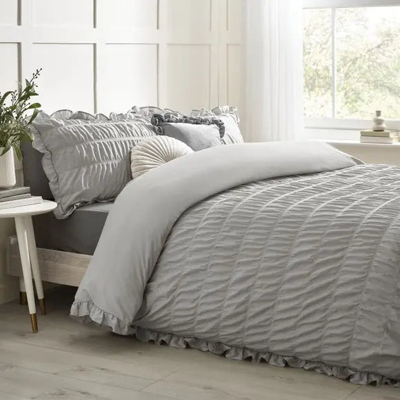 Catherine Lansfield Seersucker Frill Duvet Cover & Pillowcase Set Dunelm