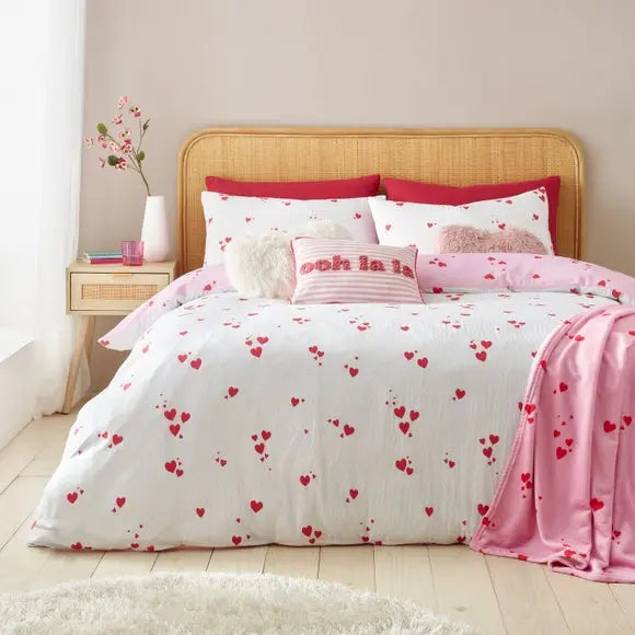 Catherine Lansfield Seersucker Heart Reversible Duvet Cover & Pillowcase Set Dunelm