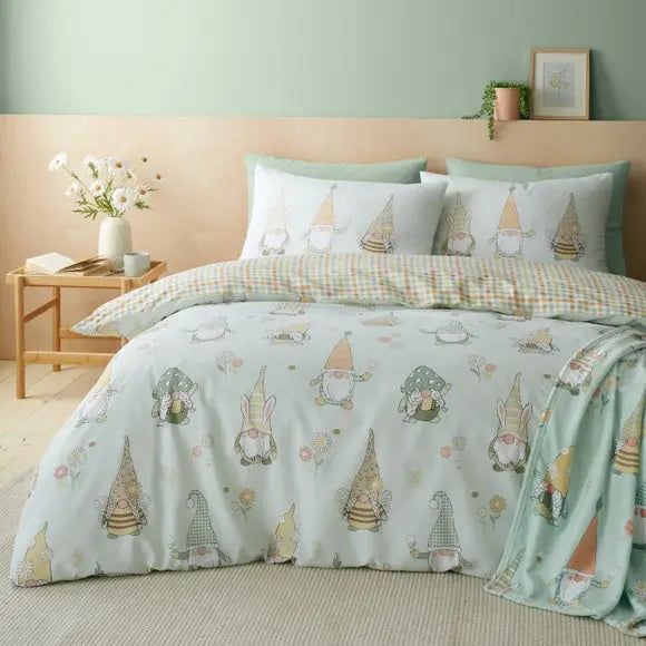 Catherine Lansfield Spring Gnomes Reversible Duvet Cover & Pillowcase Set Dunelm