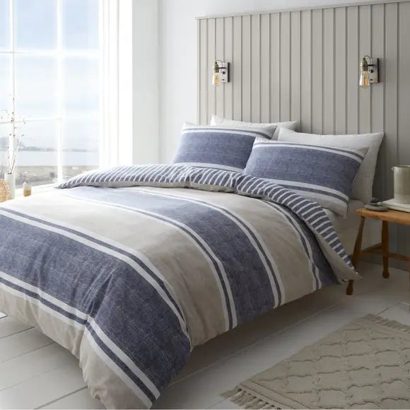 Catherine Lansfield Textured Banded Stripe Reversible Duvet Cover & Pillowcase Set Dunelm